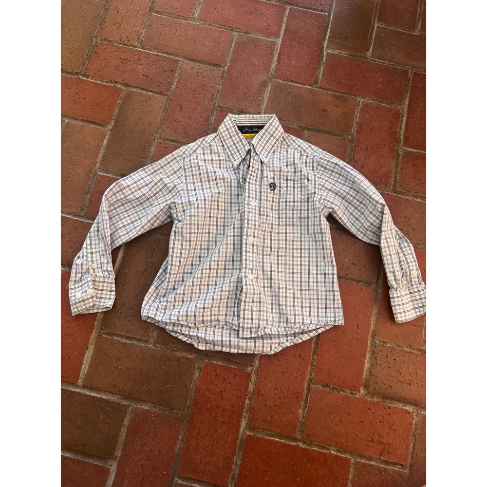Perry Ellis Boys Blue White Plaid Long Sleeve Button Down Shirt Size 4 5